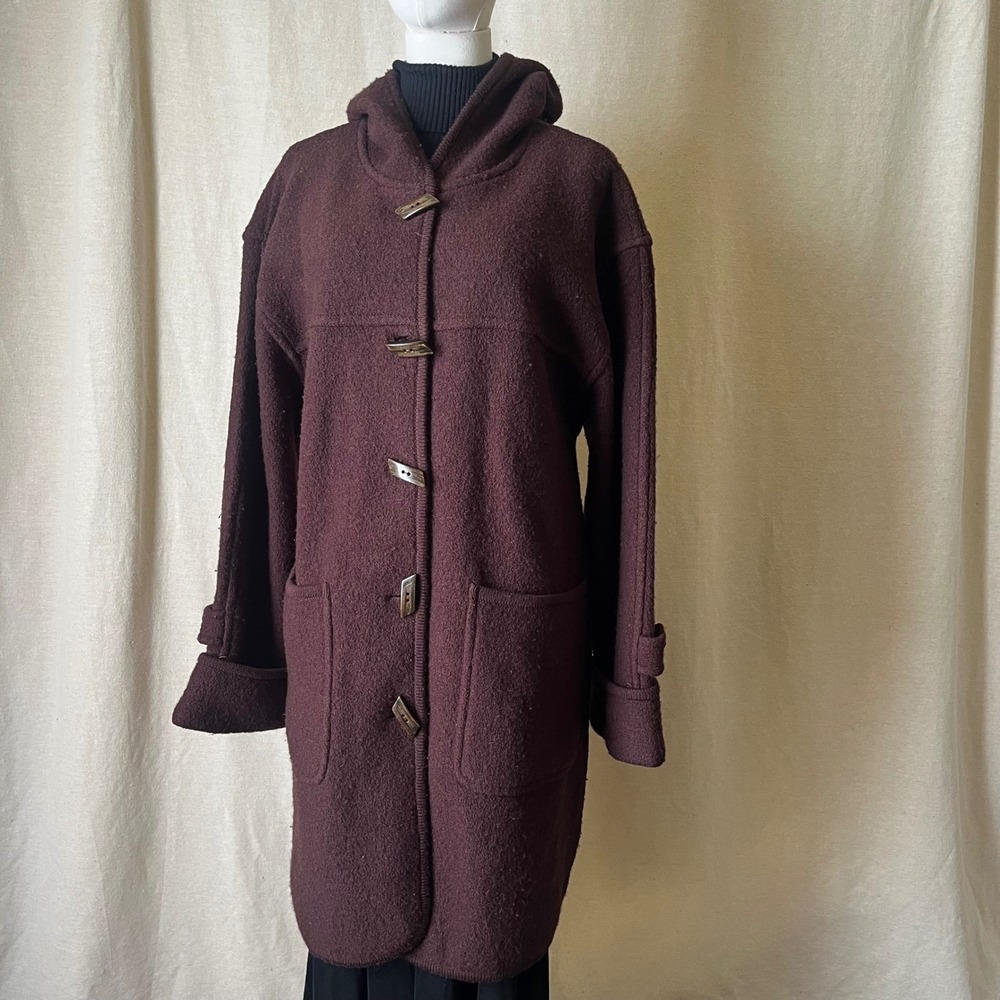 Bernardo Vintage Boiled Wool Hooded Coat Brown Toggle Minimalist Oversized M